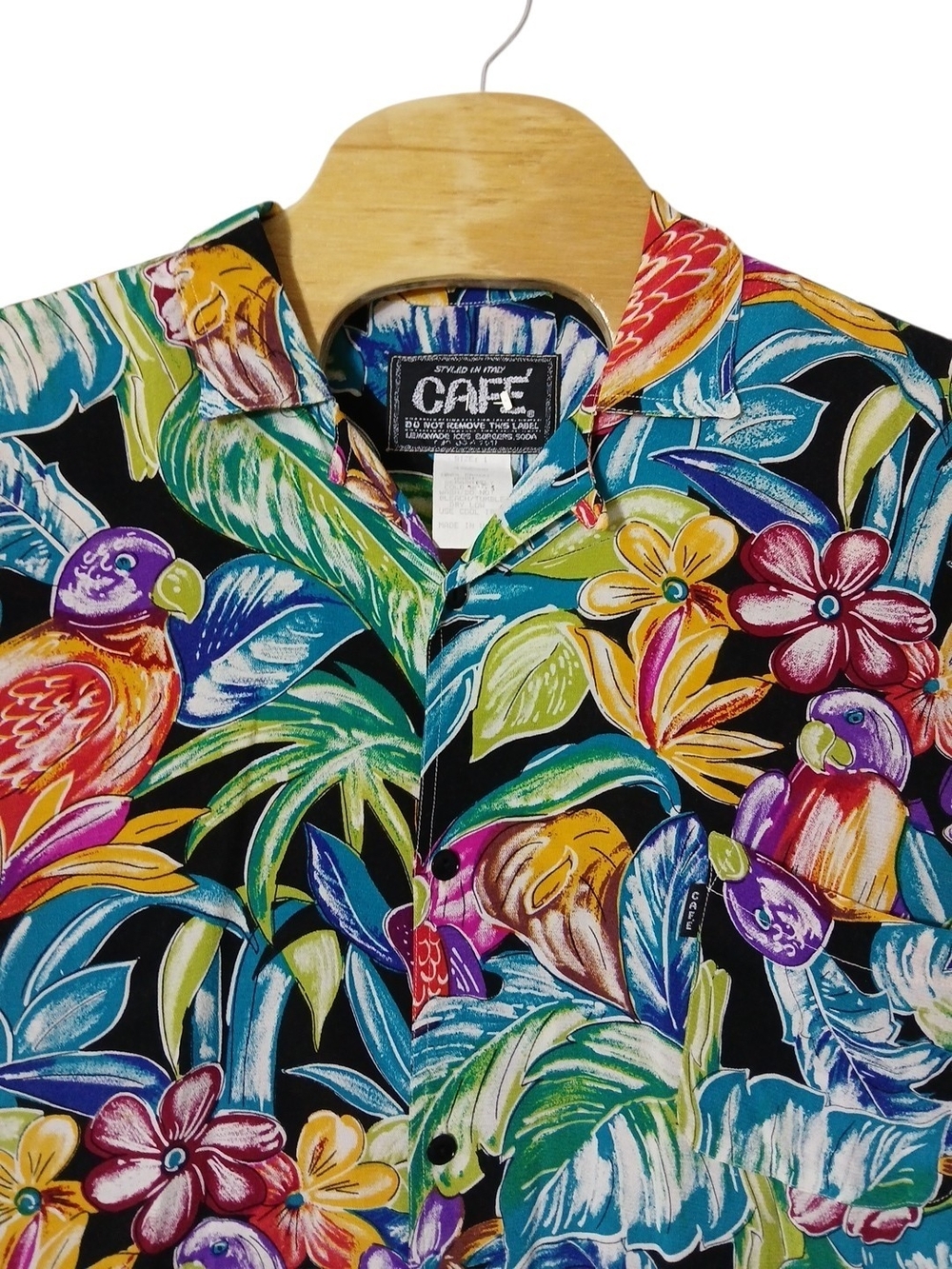 Vintage 90's Parriots Floral Vibrant Hawaiian By CAFE Italy Button Shirt Mens XL